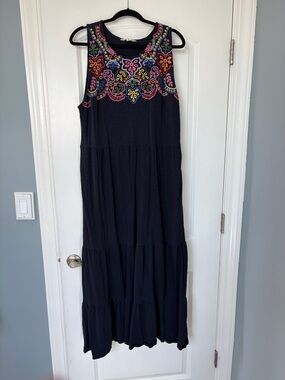 Gorgeous Sleeveless Navy Maxi Dress with Colorful Embroidered Yoke